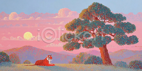 평화 휴식 JPG 일러스트 AI일러스트 AI콘텐츠 겨울 국내일러스트 그림 나무 동물 산 생명 숲 식물 자연 저녁 컬러 태양 태양에너지 풍경 하늘 호랑이