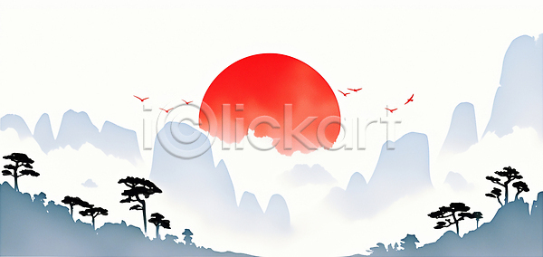 고요 여유 평화 JPG 일러스트 AI일러스트 AI콘텐츠 국내일러스트 나무 뷰티풀 빨간색 산 산속 순간 일출 자연 조경 조류 조화 컬러 태양 풍경 하늘 한국