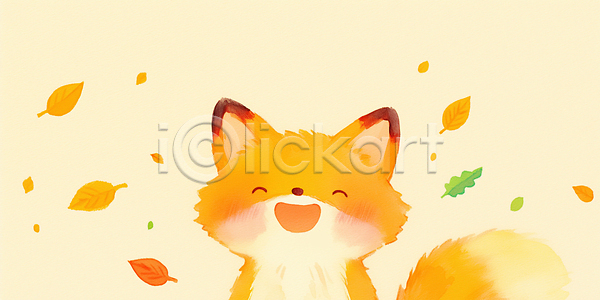 귀여움 졸음 행복 JPG 일러스트 AI일러스트 AI콘텐츠 국내일러스트 그림 노란색 동물 바람 백그라운드 여우 웃음 잎 자연 파란색 표정 풍경