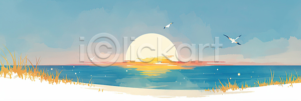 고요 여유 자유 JPG 일러스트 AI일러스트 AI콘텐츠 국내일러스트 바다 바람 일출 자연 조류 차분 태양 파도 파란색 풍경 하늘 해변 햇빛 환경