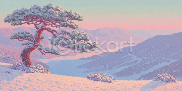 고요 평화 JPG 일러스트 AI일러스트 AI콘텐츠 겨울 국내일러스트 나무 등산 바람 분홍색 뷰티풀 산 소나무 자연 조용 풍경 하늘 호수