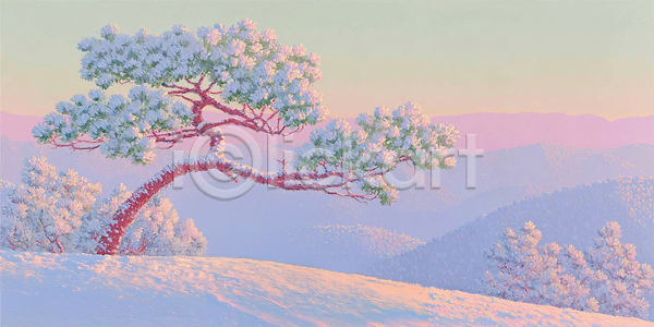 고요 JPG 일러스트 AI일러스트 AI콘텐츠 겨울 계절 국내일러스트 나무 눈덮임 뷰티풀 소나무 숲 아침 언덕 자연 조화 파란색 풍경 하늘 햇빛