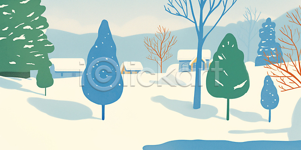 JPG 일러스트 AI일러스트 AI콘텐츠 겨울 국내일러스트 나무 나뭇가지 마을 산 소나무 얼음 자연 주택 차분 풍경 풍경화 호수