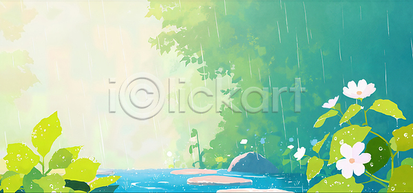 고요 신선 평화 JPG 일러스트 국내일러스트 물가 빗방울 생명 수면 숲 숲속 식물 아침 여름 자연 조용 초록색 풍경 햇빛