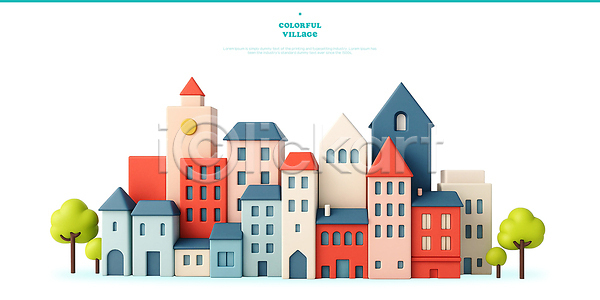 PSD 편집이미지 건물 구조물 나무 디자인 마을 모형 아기자기 예술 조화 지붕 창문 컬러 편집3D 풍경