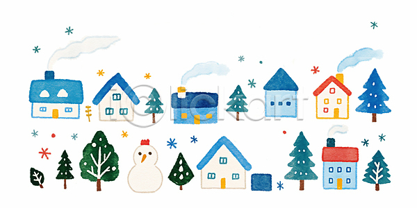 따뜻함 산책 즐거움 JPG 일러스트 겨울 국내일러스트 그림 나무 눈사람 단순화된 대칭 마을 연기 오브젝트 자연 장식 주택 컬러 크리스마스 풍경 화분