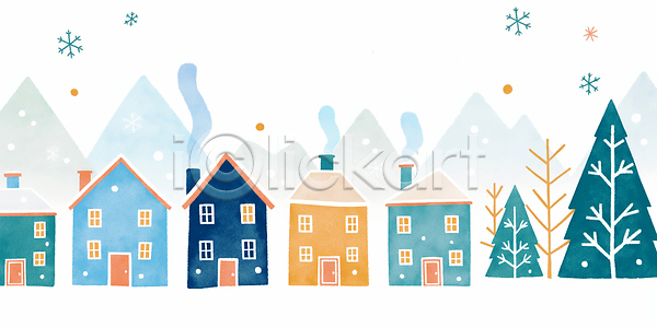 고요 따뜻함 평화 JPG 일러스트 겨울 국내일러스트 그림 나무 마을 산 연기 자연 주택 컬러 풍경 풍경화 하늘