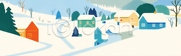 고요 편안함 평화 JPG 일러스트 거리 겨울 계절 국내일러스트 길 나무 마을 산 자연 전통 조용 주택 컬러 풍경 풍경화 하늘