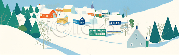고요 산책 평화 JPG 일러스트 겨울 국내일러스트 나무 마을 배열 뷰티풀 아기자기 자연 전경 조용 주택 컬러 풍경 풍요