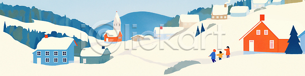 행복 어린이 JPG 일러스트 가족 걷기 겨울 국내일러스트 길 놀이 눈사람 마을 빨간색 자연 주택 축제 친구 파란색 풍경