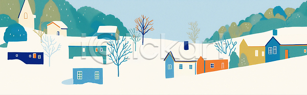 따뜻함 평화 휴식 JPG 일러스트 겨울 국내일러스트 기온 나무 나뭇가지 마을 자연 조화 주택 컬러 풍경 풍경화 하늘