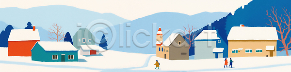 산책 평화 여러명 JPG 일러스트 가족 거리 겨울 국내일러스트 나무 마을 설원 온기 자연 전경 조용 주말 주택 친구 컬러 풍경