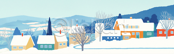 고요 편안함 평화 JPG 일러스트 겨울 국내일러스트 나무 농촌 마을 설경 시골 언덕 자연 주택 컬러 풍경 하늘