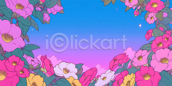 JPG 일러스트 AI일러스트 AI콘텐츠 국내일러스트 꽃 꽃밭 꽃잎 꿈 나뭇잎 노란색 동백 만개 백그라운드 분홍색 뷰티풀 일몰 자연 저녁 컬러 파란색 풍경 하늘 흰색
