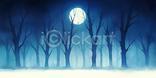 고요 분위기 신비 평화 JPG 실루엣 일러스트 흑백 AI일러스트 AI콘텐츠 계절 국내일러스트 나무 보름달 생명 숲 안개 야경 어둠 자연 조명 초승달 하늘 환상