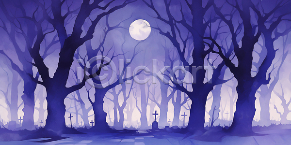 고독 고요 분위기 신비 JPG 일러스트 AI일러스트 AI콘텐츠 고대문명 고딕 국내일러스트 그림자 나무 무덤 보름달 숲 어둠 자연 풍경