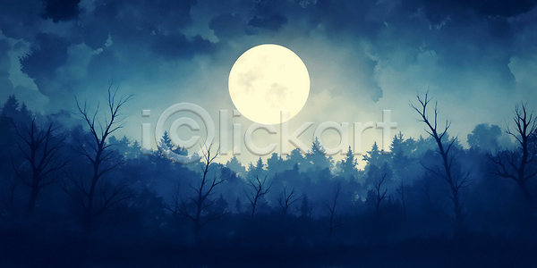 고요 신비 JPG 일러스트 AI일러스트 AI콘텐츠 계절 국내일러스트 나무 달빛 밤하늘 보름달 빛 숲 어둠 일몰 잎 자연 조명 조용 파란색 풍경 하늘
