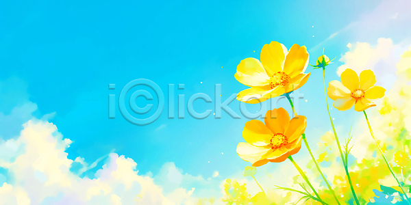 활발 JPG 일러스트 AI일러스트 AI콘텐츠 국내일러스트 꽃 꽃밭 노란색 봄 뷰티풀 생명 식물 여름 예술 자연 컬러 코스모스 파란색 풍경 하늘
