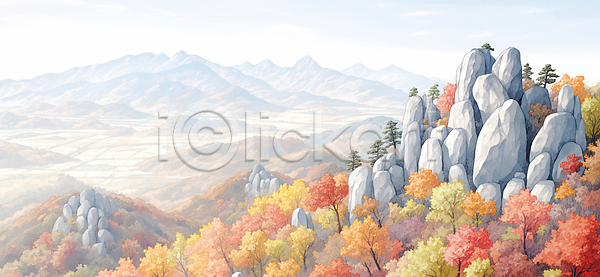 로맨틱 평화 JPG 일러스트 AI일러스트 AI콘텐츠 국내일러스트 나무 멀리 바위산 산 산맥 생태계 여행 자연 전경 조경 초원 컬러 풍경 하늘 하이킹 한국