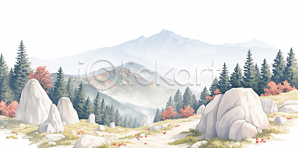 고요 평화 휴식 JPG 일러스트 AI일러스트 AI콘텐츠 국내일러스트 나무 단풍 멀리 바위산 뷰티풀 산 산기슭 숲 시골 안개 자연 조용 탐험 풍경 하늘 햇빛