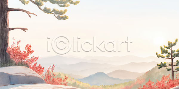 고요 JPG 일러스트 AI일러스트 AI콘텐츠 감상 국내일러스트 나무 맑음 모양 바위산 뷰티풀 빨간색 산 숲 자연 조화 컬러 풍경 하늘