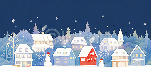고요 JPG 일러스트 겨울 겨울풍경 국내일러스트 나무 눈내림 눈사람 마을 성냥갑 주택 풍경 하늘 흰눈