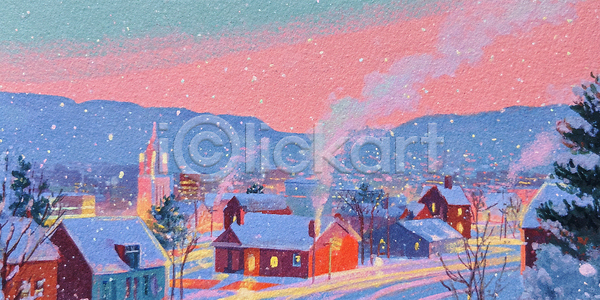 고요 따뜻함 차가움 평화 JPG 일러스트 AI일러스트 AI콘텐츠 겨울 국내일러스트 노을 눈내림 마을 산 연기 저녁 조명 주택 컬러 풍경 하늘 화합