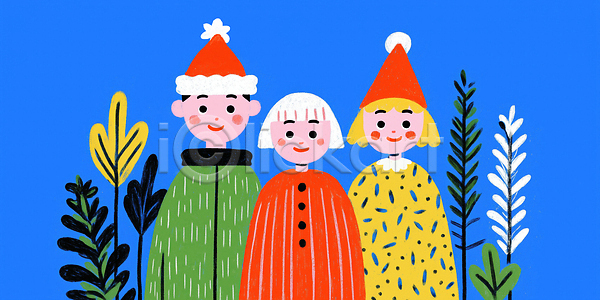 따뜻함 분위기 즐거움 행복 어린이 여러명 JPG 일러스트 AI일러스트 AI콘텐츠 국내일러스트 그림 색감 순간 식물 연말 응원 축제 친구 캐릭터 크리스마스 파란색 표정