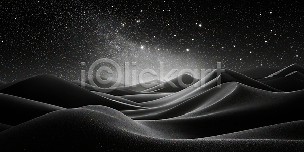 고요 신비 JPG 편집이미지 AI컴퓨터그래픽 AI콘텐츠 검은색 모래 밤하늘 별빛 사막 야간 언덕 여행 우주 이미지편집 자연 조용 탐험 풍경 하늘