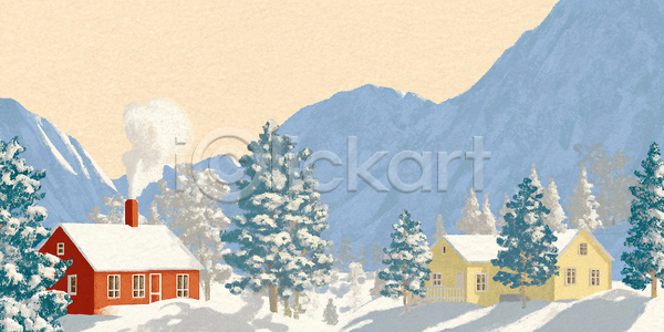 고요 따뜻함 JPG 일러스트 AI일러스트 AI콘텐츠 겨울 국내일러스트 나무 마을 산 산속 아침 연기 자연 조용 주택 풍경 흰눈