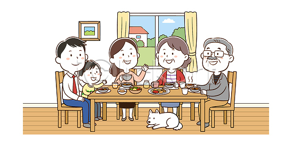 귀여움 분위기 사랑 편안함 함께함 행복 AI파일 일러스트 가족 개 국내일러스트 대화 모임 시간 식사 웃음 음식 이야기 저녁 친구 탁자