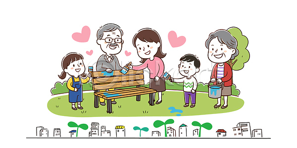 사랑 행복 AI파일 일러스트 가족 공원 국내일러스트 꾸미기 놀이 동심 물감 벤치 야외활동 웃음 자연 창의력 커뮤니케이션 할머니 할아버지
