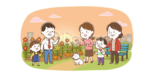 귀여움 산책 행복 어린이 AI파일 일러스트 가족 개 공원 구경 국내일러스트 꽃 놀이 대화 부모 시간 식물 웃음 자연 저녁 주택 친구
