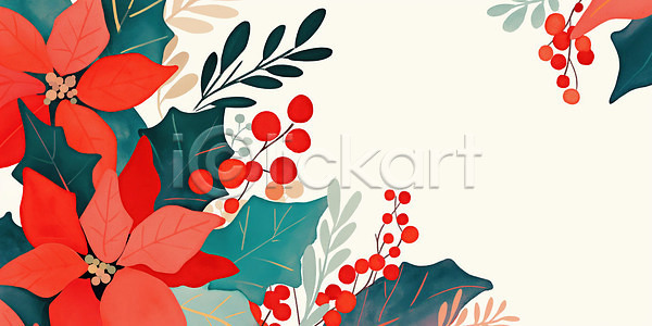 화려 JPG 일러스트 AI일러스트 AI콘텐츠 겨울 계절 꽃 디자인 백그라운드 뷰티풀 빨간색 식물 열매 일러캐릭터 잎 자연 장식 조화 컬러 크리스마스 테마 포인세티아