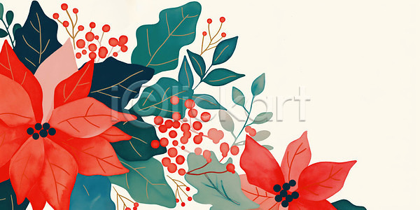 편안함 화려 JPG 일러스트 AI일러스트 AI콘텐츠 겨울 계절 꽃 디자인 빨간색 색감 식물 열매 일러캐릭터 잎 자연 장식 크리스마스 크리스마스장식 파란색 패턴 포인세티아 화환