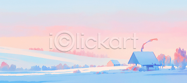 고요 따뜻함 평화 JPG 일러스트 겨울 국내일러스트 굴뚝 노을 마을 산 숲 야외 일상 자연 조화 주택 컬러 풍경 풍경화 하늘