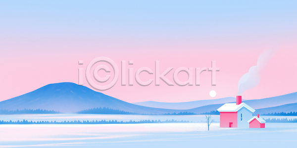 고요 평화 JPG 일러스트 겨울 국내일러스트 기온 나무 눈덮임 분홍색 빨간색 산 숲 아침 일출 자연 주택 태양 파란색 풍경 하늘
