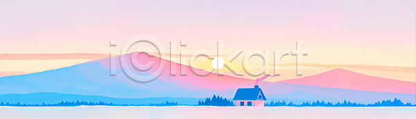 감사 고요 따뜻함 편안함 JPG 일러스트 국내일러스트 그림 분홍색 뷰티풀 산 스카이 연두색 일상 일출 자연 저녁 주택 캐주얼 태양 평야 풍경 하늘