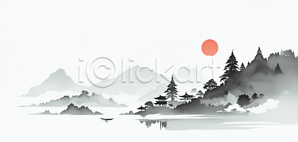 고요 평화 JPG 일러스트 고건축 국내일러스트 나무 물 미술 뷰티풀 산 산맥 새해 수묵화 수채화 예술 일출 자연 전통 태양 풍경화 한국