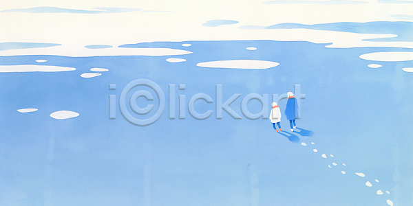 고요 즐거움 평화 사람 JPG 일러스트 AI일러스트 AI콘텐츠 가족 걷기 겨울 국내일러스트 눈 바다 여행 외출 일출 자연 컬러 풍경 하늘 흔적