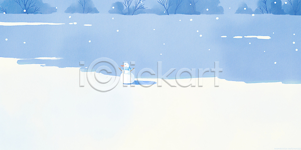 감성 고독 따뜻함 산책 차가움 평화 어린이 JPG 일러스트 AI일러스트 AI콘텐츠 겨울 국내일러스트 나무 눈 눈사람 눈송이 자연 조용 파란색 풍경 하늘