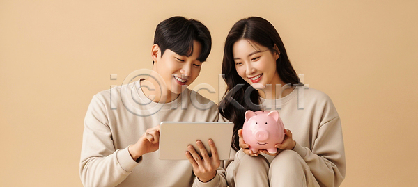 계획 미래 사랑 행복 남자 여자 JPG 편집이미지 AI인물포토 AI콘텐츠 대화 돈 신혼부부 의료성형뷰티 저금통 저축 커플 태블릿 편집실사