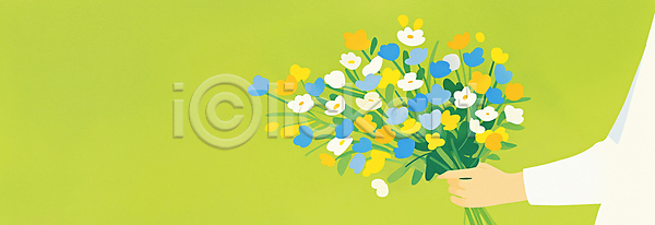 부드러움 화려 JPG 일러스트 감정 국내일러스트 그림 꽃 꽃다발 노란색 들기 디지털아트 백그라운드 봄 뷰티풀 생동감 손 식물 자연 장식 조화 컬러 화사함