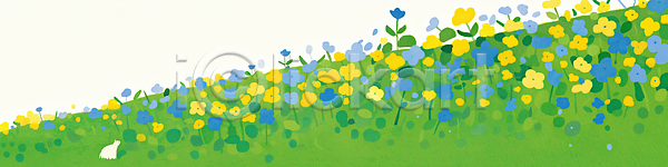 JPG 일러스트 AI일러스트 AI콘텐츠 국내일러스트 꽃 꽃밭 노란색 동물 바람 봄 식물 여름 일상 자연 초원 컬러 파란색 풍경 하늘 햇빛 흰토끼