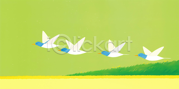 귀여움 이동 자유 평화 JPG 일러스트 AI일러스트 AI콘텐츠 국내일러스트 날개 노란색 봄 비행 웅장함 위치 자연 조류 조화 초원 파란색 풍경 하늘 한국 흰색