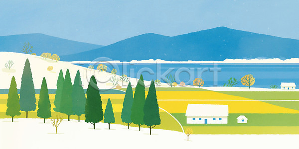 여유 평화 JPG 일러스트 AI일러스트 AI콘텐츠 겨울 국내일러스트 나무 노란색 농장 산 수평선 시골 언덕 자연 주택 초원 파란색 풍경 하늘