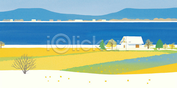 따뜻함 평화 JPG 일러스트 AI일러스트 AI콘텐츠 겨울 공간 국내일러스트 나무 노란색 멀리 바다 산 수평선 식물 일상 자연 초원 촬영 파란색 풍경 하늘