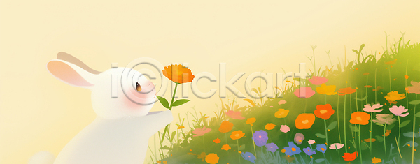 귀여움 사랑 행복 어린이 JPG 일러스트 AI일러스트 AI콘텐츠 국내일러스트 꽃 꽃밭 동물 생명 식물 아침 자연 잔디 조화 컬러 토끼 햇빛