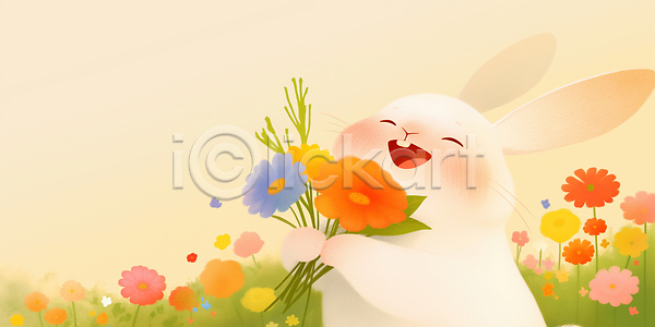 귀여움 즐거움 행복 JPG 일러스트 AI일러스트 AI콘텐츠 감정 국내일러스트 꽃 꽃다발 꽃밭 동물 봄 뷰티풀 웃음 일상 자연 촬영 컬러 토끼 풍경