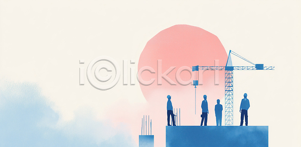 협력 여러명 JPG 실루엣 일러스트 AI일러스트 AI콘텐츠 건축 구조물 국내일러스트 기중기 기초공사 노동자 도시 산업 안전모 여름 오후 일몰 작업 직업 태양 풍경 하늘